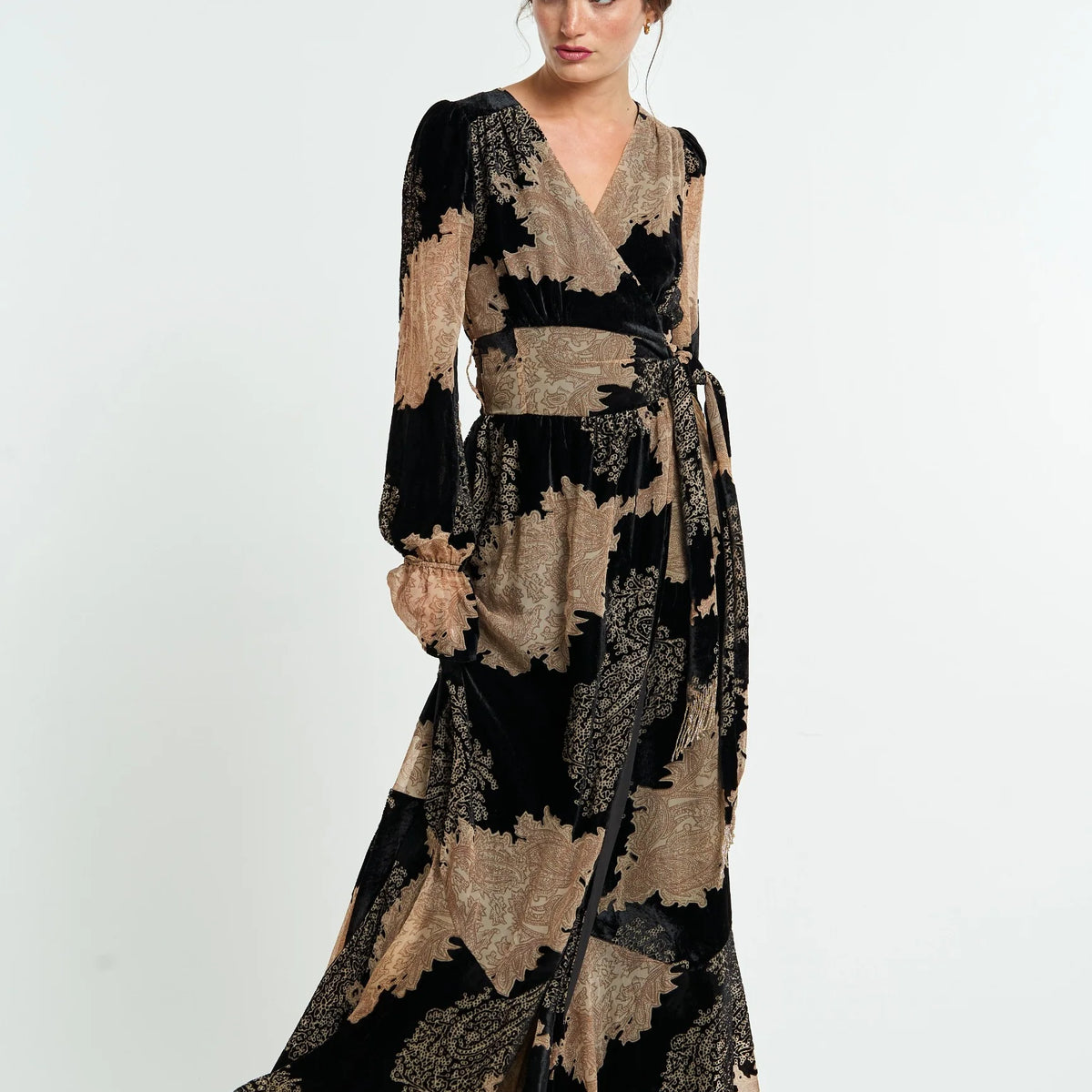 CIEBON Velvet Maxi Wrap Dress Tan/Black Harper Collective CIEBON Velvet Maxi Wrap Dress Tan/Black Harper Collective