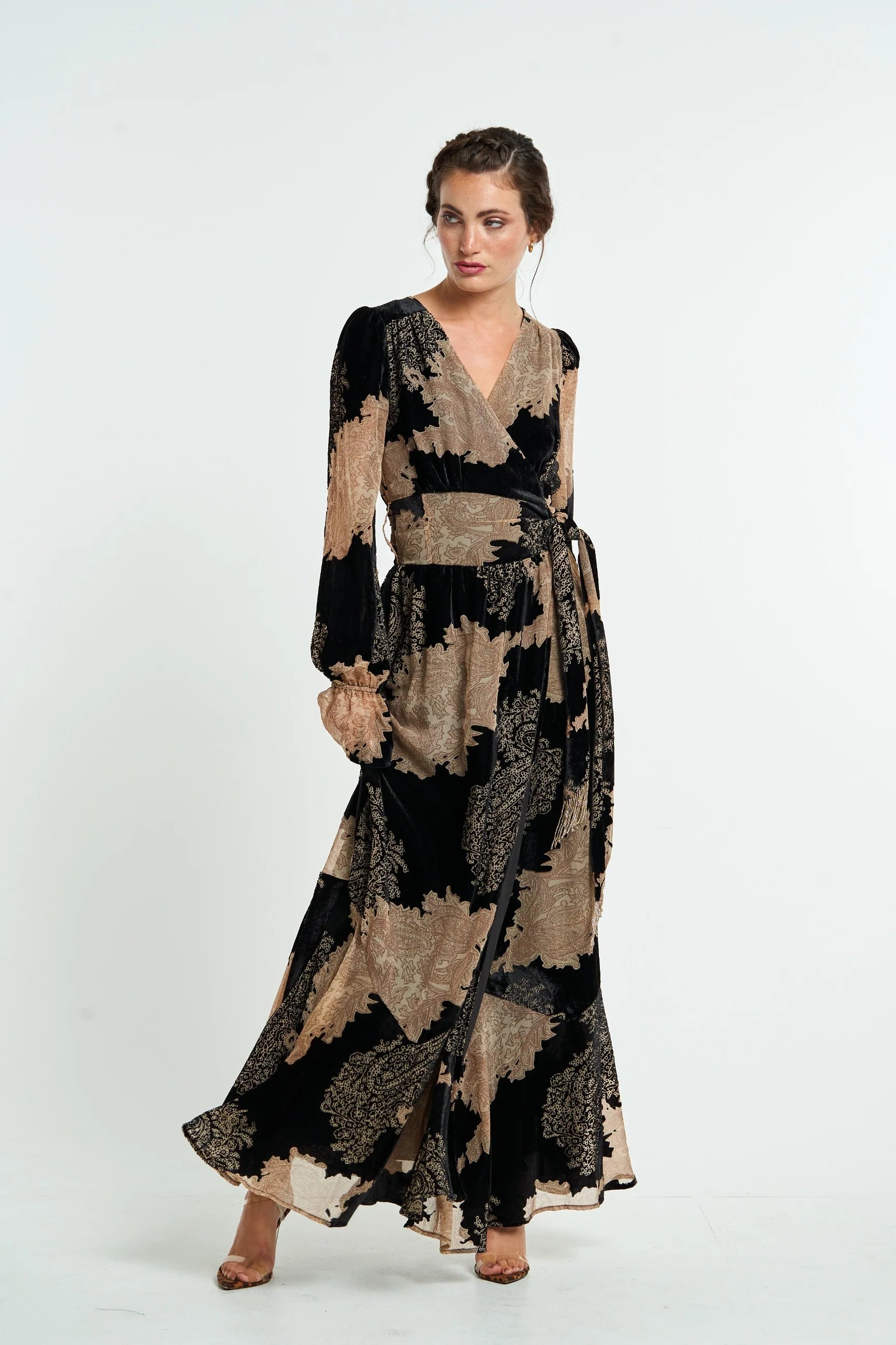 CIEBON Velvet Maxi Wrap Dress Tan/Black